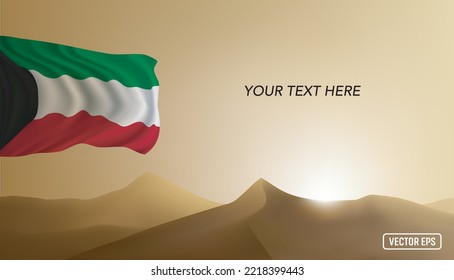 KUWAIT FLAG FLYING IN DESERT. REALISTIC LANDSCAPE ILLUSTRATION. VECTOR EPS