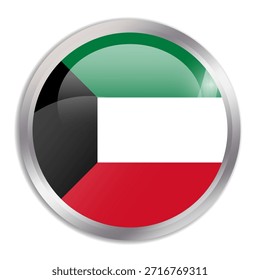 Kuwait flag - glossy circle button in metal frame displays a colorful flag of a country cultural identity and heritage. The essence of national pride and unity.