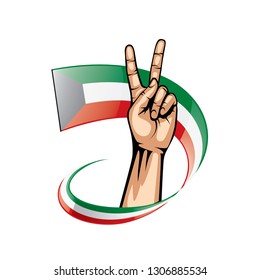 Kuwait flag and hand on white background. Vector illustration