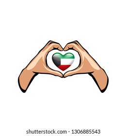 Kuwait flag and hand on white background. Vector illustration