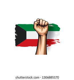 Kuwait flag and hand on white background. Vector illustration