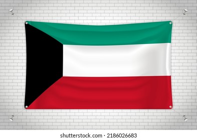 Kuwait flag hanging on brick wall. 3D drawing. Flag attached to the wall. Neatly drawing in groups on separate layers for easy editing.