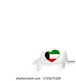 Kuwait flag heart shaped and heartbeat line isolated on white. Kuwait Patriotic Background. Vector illustration.