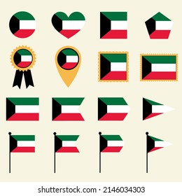 Icono de bandera de Kuwait establecido en 16 versiones de forma. Colección de iconos de la bandera de Kuwait con formas cuadradas, redondas, corazón, triángulo, medalla, sello y ubicación.