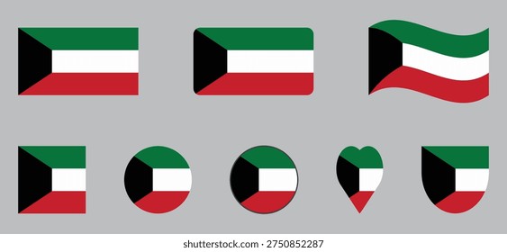 Kuwait Flag Icon Set Circle, Heart, Shield, and Square National Symbols Vector