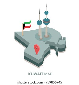 Kuwait flag icon and kuwait tower on 3D isometric map vector illustration Kuwait flag icon and kuwait tower on 3D isometric map vector illustration