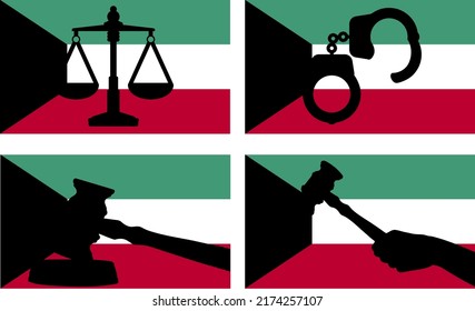 Kuwait flag with justice vector silhouette, judge gavel hammer and scales of justice and handcuff silhouette on country flag, Kuwait law concept, design asset, freedom idea