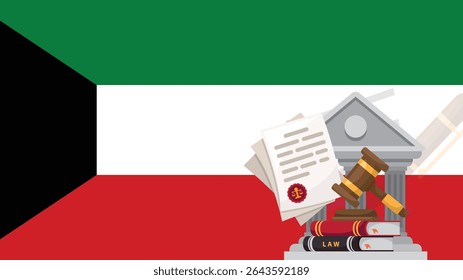 Kuwait flag with justice vector silhouette, judge gavel hammer and scales of justice and handcuff silhouette on country flag, Kuwait law concept, design asset, freedom idea