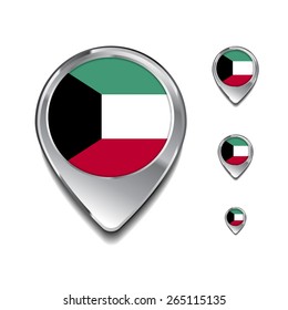 Kuwait flag map pointer. 3d Map Pointer with flag glossy button style on gray background