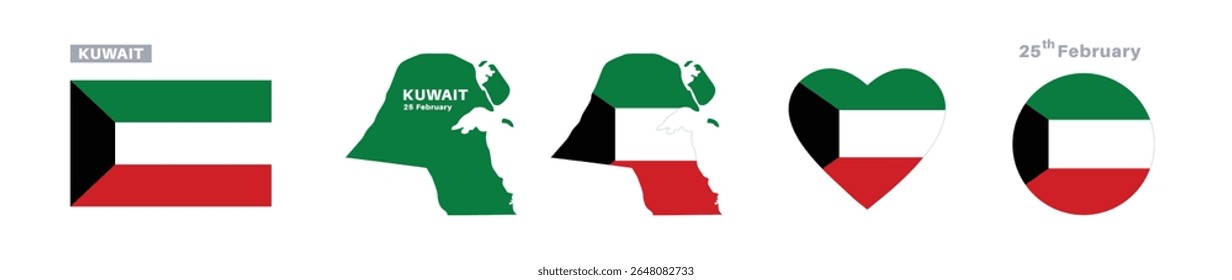 kuwait flag and map set. kuwait flag in official colors and proportions. independence day 25 february , map, circle and heart shaped kuwait