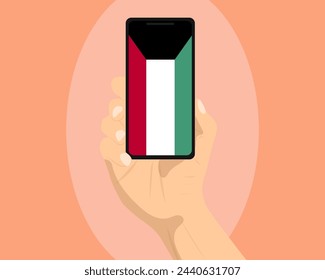 Kuwait flag on mobile phone screen, holding smartphone, advertising social media or banner concept, Kuwait flag showing on phone screen, technology news idea