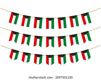 Kuwait-Flagge auf den Seilen auf weißem Hintergrund. Set von patriotischen Streichfahnen. Jagdverzierung der Flagge Kuwaits
