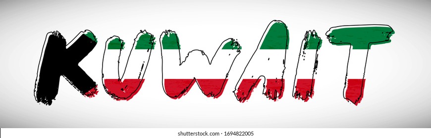 Kuwait flag on text typography. Country name banner strip. Creative typography background.