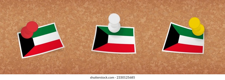 Bandera de Kuwait cubierta en una pizarra de corcho, tres versiones de la bandera de Kuwait. Pantalones vectores y conjunto de indicadores.