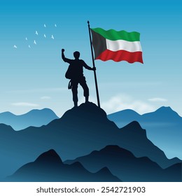 Kuwait Flag raised on a mountain peak with clear sky in the background, vector illustration