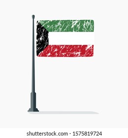 Kuwait flag with scratches on flagpole with shadow in vector