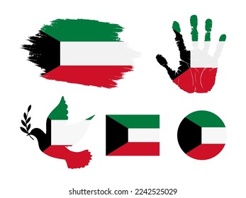 Kuwait flag set, flag of Kuwait collection. Flag in grunge, Dove, Handprint, square and round shape. vector illustration