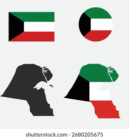 Bandera de Kuwait Colección. Ondeando, plano, y Bunting diseño en Colores Pan-árabes oficiales. banderas de Kuwait, conjunto de Kuwait bandera 