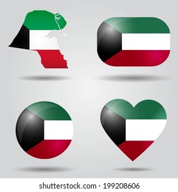 Kuwait flag set in map, oval, circular and heart shape.