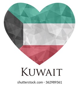 Kuwait flag shape heart in geometric rumpled triangular low poly origami style graphic illustration,mosaic polygonal style.Symbol of love to country.Retro or vintage style background.