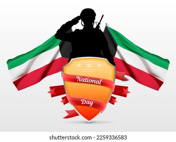 Kuwait flag with shield and silhouette of saluting soldier. Concept - National Day, Liberation Day. February 25. EPS10 vector