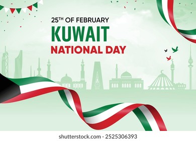 Kuwait Flag Waving On Skyline Background. National Day Concept Design Vector Illustration.