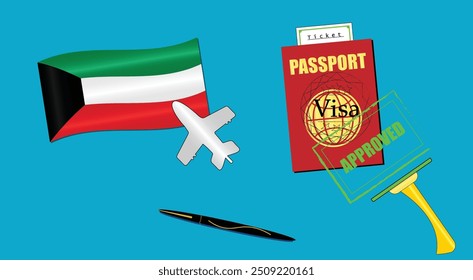 Kuwait flag with white plane icon. Passport with visa approved stamp. Black stylish Pen. Kuwaiti Travel poster. Editable vector EPS available