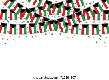 Kuwait flags garland white background with confetti, Hanging bunting for National Day celebration template banner, Vector illustration