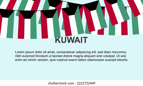 Kuwait flags hanging on a rope, celebration and greeting concept, many Kuwait flags with text space, banner and poster idea, decoration material, independence day