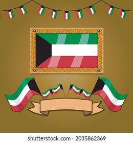 Kuwait Flags On Frame Wood, Label, Simple Gradient and Vector Illustration
