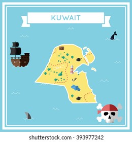 Kuwait flat treasure map. Colorful cartoon treasure map of Kuwait with flat icons of pirate ship, jolly roger, treasure chest and banner ribbon. Flat design vector illustration.