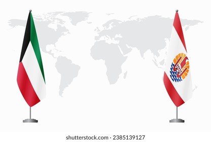 Kuwait and French Polynesia flags for official meeting against background of world map.