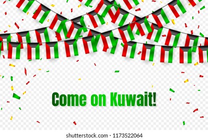 Kuwait garland flag with confetti on transparent background, Hang bunting for celebration template banner, Vector illustration.