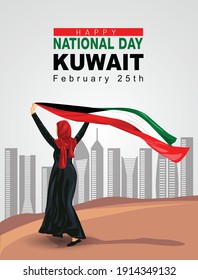 Kuwait Girl waving flag her hands. 25th November Happy National day celebration concept. can be used as poster or banner design. vector illustration.