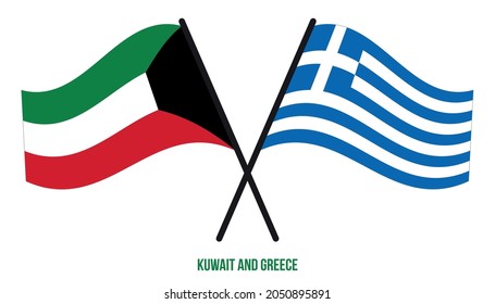 Kuwait and Greece Flags Crossed And Waving Flat Style. Official Proportion. Correct Colors.