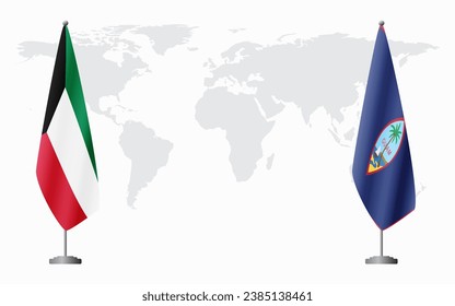 Banderas de Kuwait y Guam para una reunión oficial en el fondo del mapa mundial.
