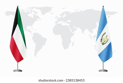 Kuwait and Guatemala flags for official meeting against background of world map.