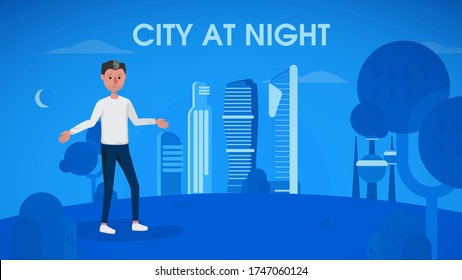 Kuwait highlight at night with character walking on park