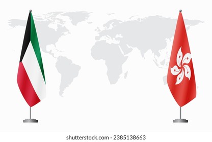 Kuwait and Hong Kong flags for official meeting against background of world map.
