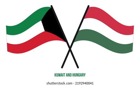 Banderas de Kuwait y Hungría cruzadas y ondeando estilo plano. Proporción oficial. Colores correctos.