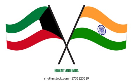Banderas de Kuwait e India Cruzadas y ondeando estilo plano. Proporción oficial. Colores correctos.