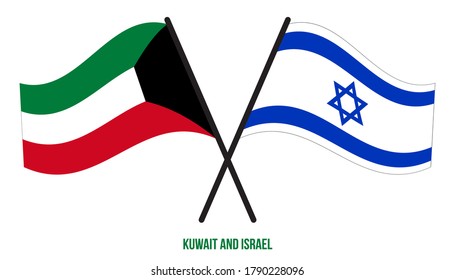 Kuwait and Israel Flags Crossed And Waving Flat Style. Official Proportion. Correct Colors.