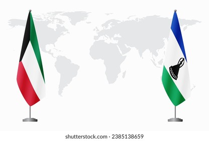 Kuwait and Lesotho flags for official meeting against background of world map.