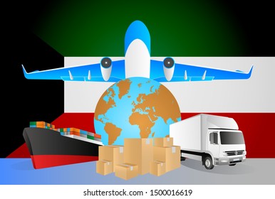 Kuwait logistics concept illustration. National flag of Kuwait from the back of globe, airplane, truck and cargo container ship