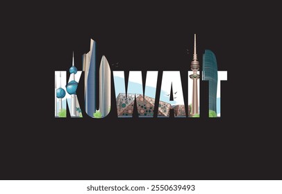 KUWAIT logo. KUWAIT text in famous landmark illustration for t shirt, banner, poster. explore kuwait