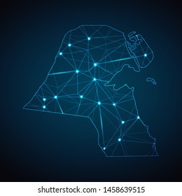Kuwait Map - Abstract geometric mesh polygonal network line, structure and point scales on dark background with lights in the form of cities. Vector illustration eps 10.