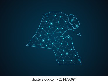 Mapa de Kuwait Resumen de la línea de purga y las escalas de puntos en el fondo oscuro. Línea de red poligonal de malla 3D del marco de cables. Línea de red, esfera de diseño, punto y vector de estructura.
