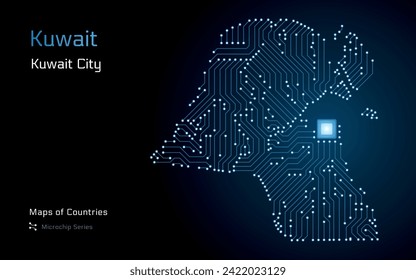 Kuwait Karte mit einer Hauptstadt von Kuwait City Shown in einem Microchip Muster mit Prozessor. E-Government. Weltländer-Vektorkarten. Mikrochip-Reihe	