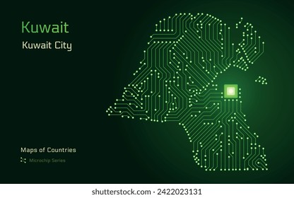 Kuwait Map with a capital of Kuwait City Shown in a Microchip Pattern with processor. E-government. World Countries vector maps. Microchip Series	