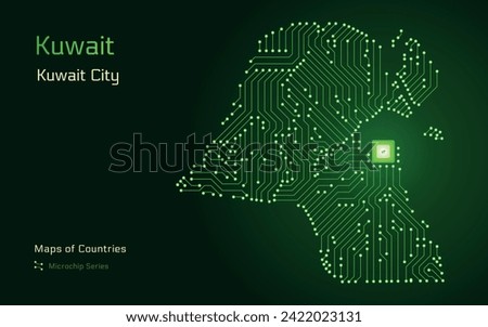 Kuwait Map with a capital of Kuwait City Shown in a Microchip Pattern with processor. E-government. World Countries vector maps. Microchip Series	